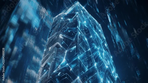 Abstract crystalline structures glowing with cool blue light during a slow camera pan through a cavernous environment