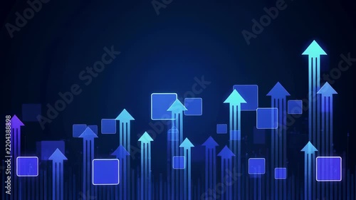 Abstract data visualization rising upward with glowing blue squares and arrows against dark background