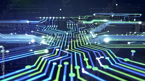 Abstract digital circuit board pathways glowing with blue and green neon lights during a technological data flow