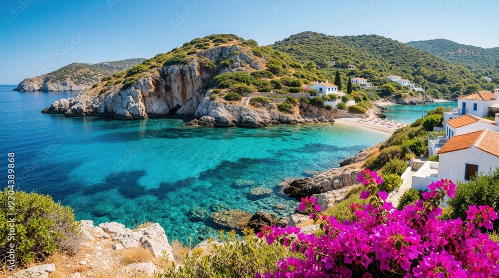 Obraz premium Scenic view of Greek island coast with turquoise sea, white houses. Mediterranean summer landscape features rocky cliffs, rich green hills, bright bougainvillea flowers. Calm blue ocean water