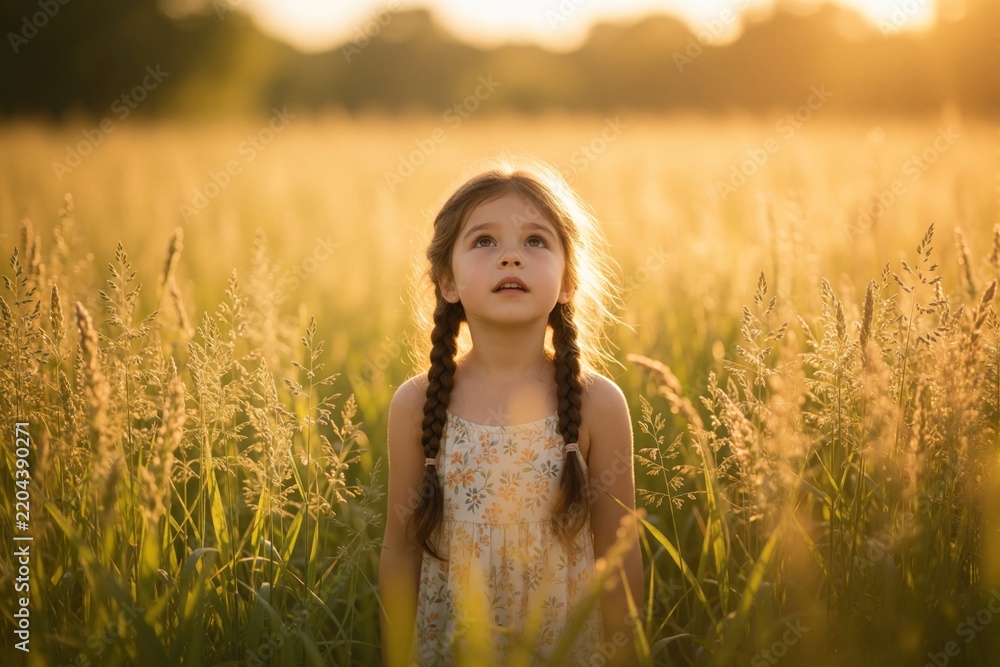 Obraz premium Little girl with braids stands in tall grass meadow during golden hour. Young child looks up at sky in summer field. Innocent kid explores nature in rural countryside at sunset. Peaceful childhood
