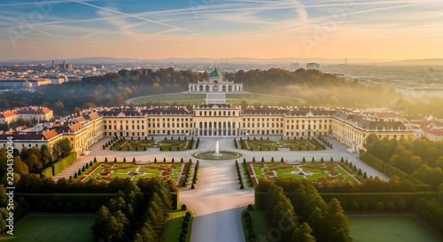 Aerial view of Schonbrunn Palace and gardens in Vienna at sunrise