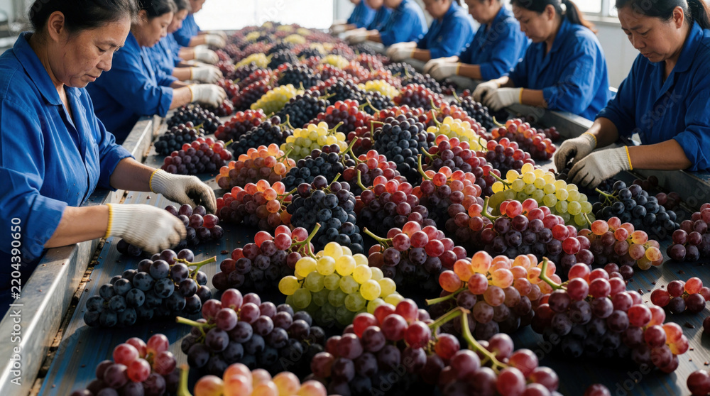 Obraz premium Asian female workers sort fresh red, green grapes on long conveyor belt in industrial winery. Laborers wear blue uniforms, white gloves for quality control. Manual grape selection process during