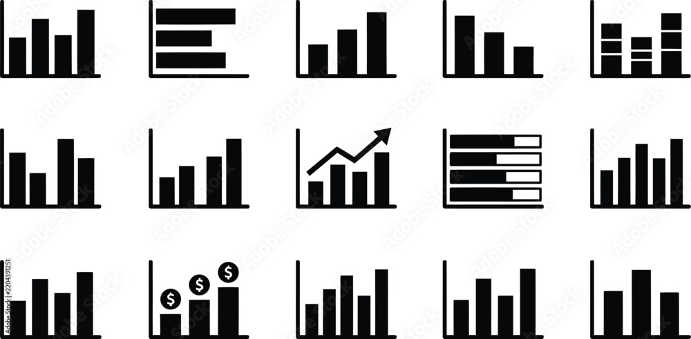 Obraz premium Set of fifteen different black and white business bar chart and graph icons for data analysis