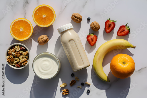 Flat lay of healthy breakfast ingredients with yogurt bottle fresh fruits nuts and berries on white marble surface