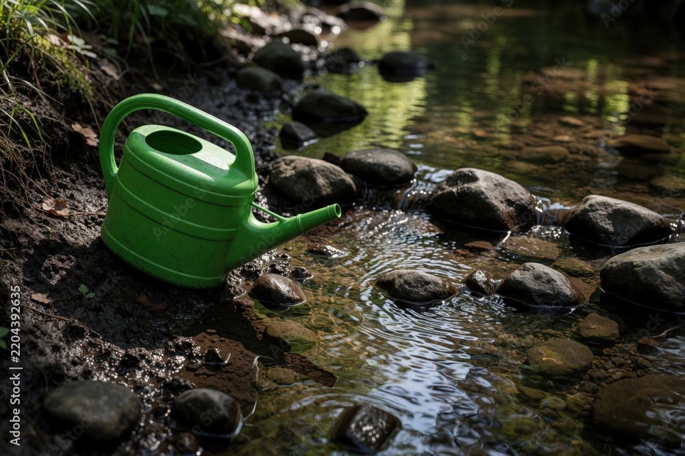 Fototapeta premium Green plastic watering sits on muddy river bank near small stream. Rubbish pollutes natural water flow between rocks. Environmental waste problem in forest creek. Plastic junk damages eco system,
