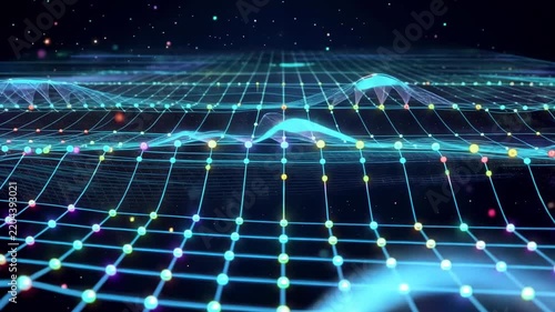 Abstract digital landscape with glowing nodes and flowing particles during a futuristic motion graphic
