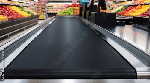 Empty supermarket checkout conveyor belt in modern grocery store. Retail point of sale counter with scanner in food market aisle. Close up view of black belt for customer shopping, automated payment