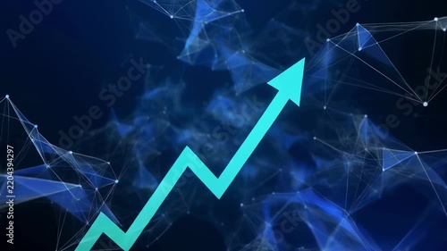 Abstract digital network growth arrow rising against dark blue nebula background in cinematic motion