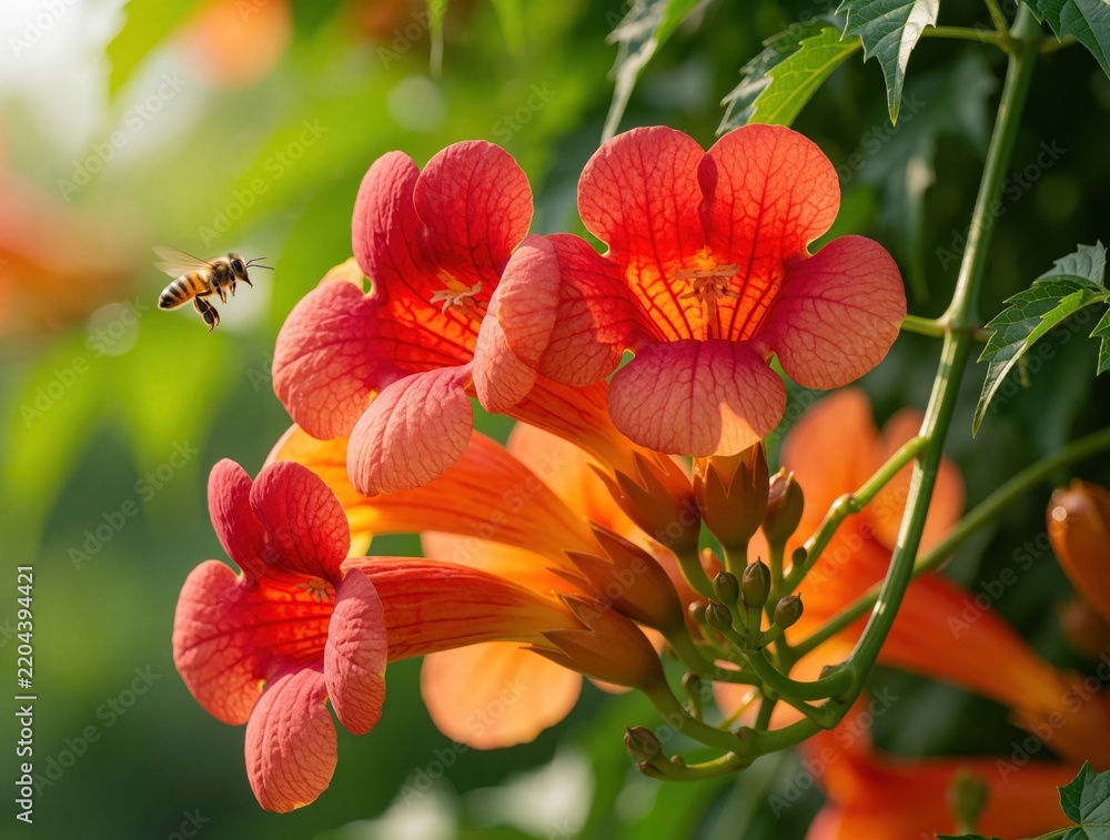Obraz premium Bright orange trumpet vine flowers bloom in summer garden. Close up macro shot shows red Campsis radicans blossoms. Small honey bee flies near petals to collect nectar. Nature background with green