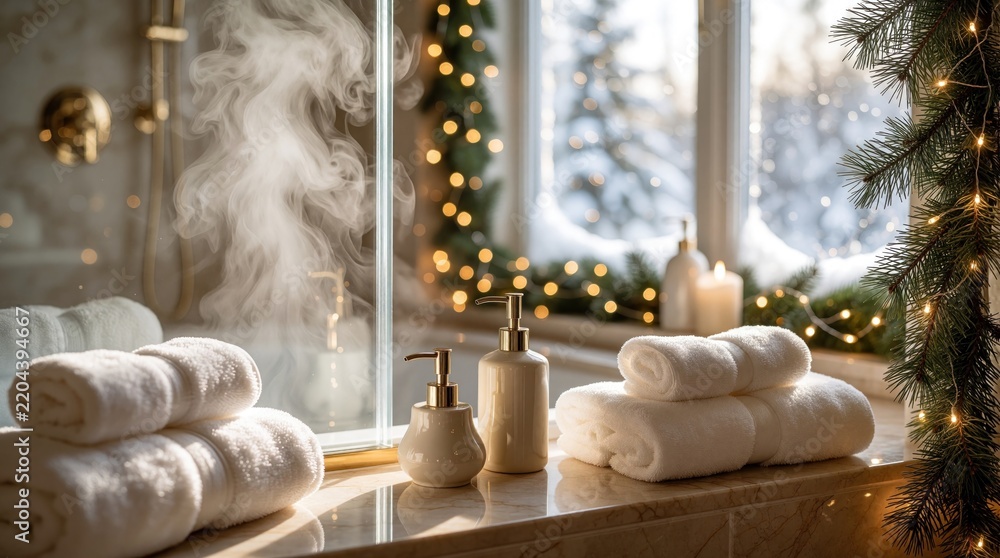 Obraz premium Cozy bathroom with steaming hot shower, soft white towels on marble ledge. Festive Christmas decor with pine branches, warm fairy lights creates serene winter mood. Elegant toiletries, candles add