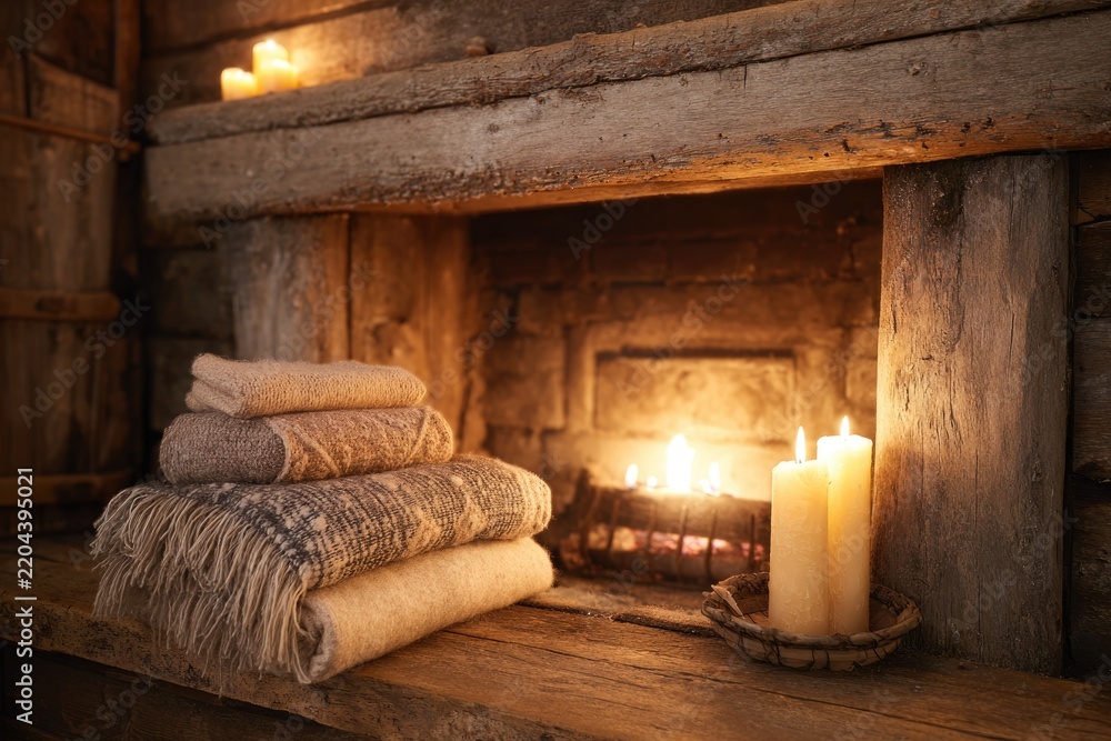 Fototapeta premium Warm cozy cabin scene with fireplace, candles, and soft woolen blankets on a rustic wooden mantel