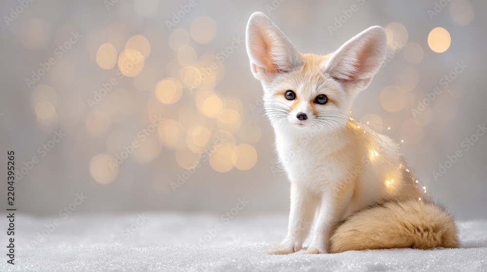 Obraz premium Adorable fennec fox with fairy lights on soft blanket and glittering background
