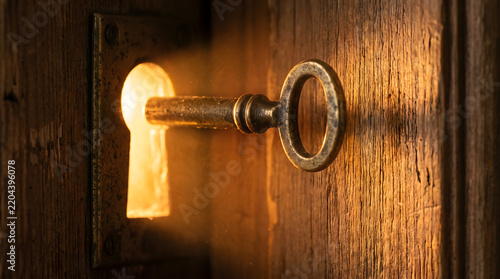 Vintage key in keyhole with glowing light streaming through wood door