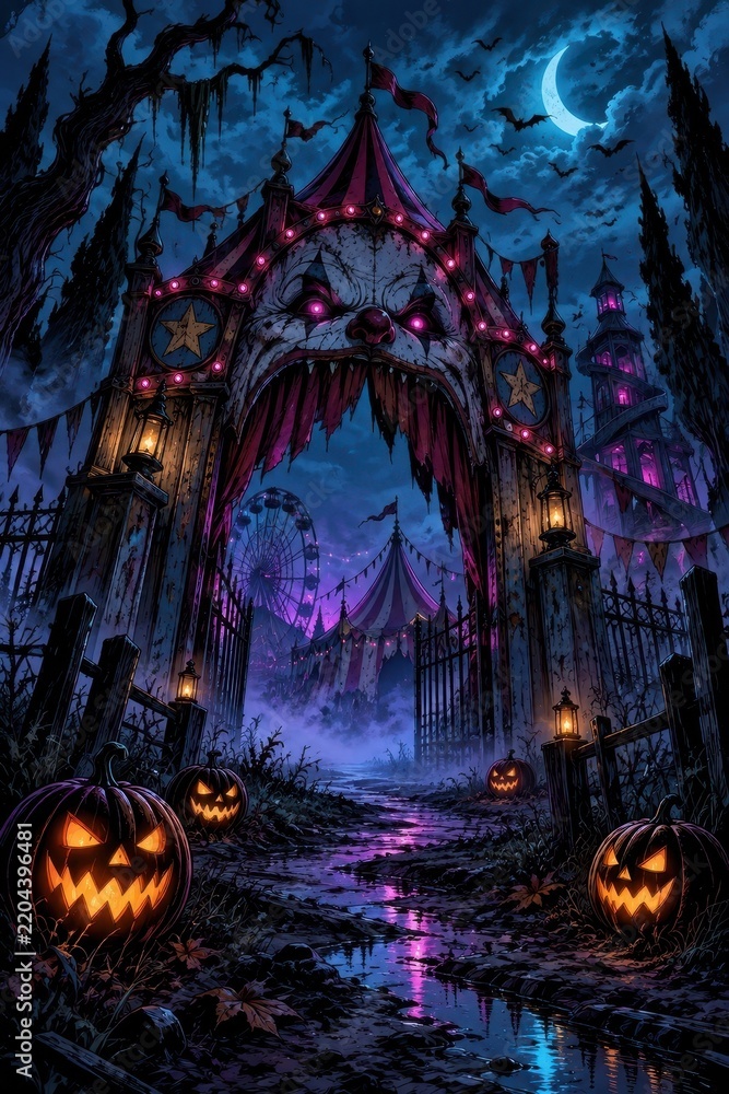 Fototapeta premium Haunted carnival gate beneath crescent moon, glowing pumpkins