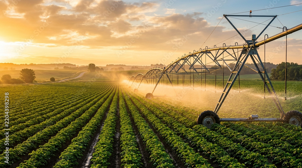 Naklejka premium Center pivot irrigation system watering green crop rows in an agricultural field at sunset. Industrial farm machinery spraying water mist over plants during golden hour sunlight.