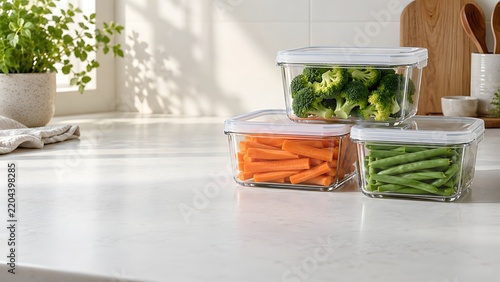 Glass containers filled with broccoli carrots and green beans