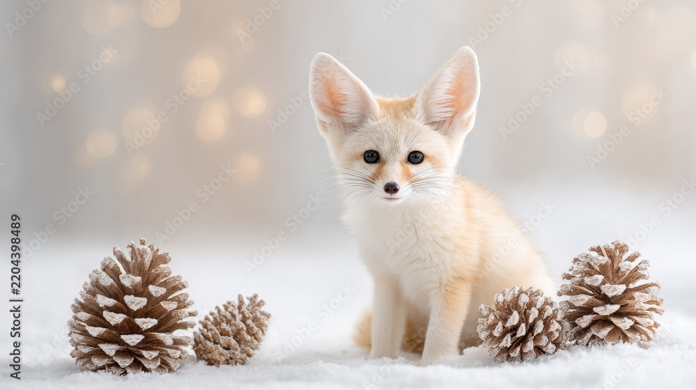 Obraz premium Adorable fennec fox cub in winter wonderland with pinecones and glittering ornaments