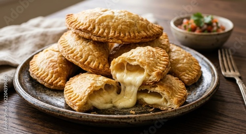 Delicious golden brown crispy cheese empanadas or hand pies served on a rustic plate with melting gooey cheese filling, accompanied by fresh tomato salsa on a wooden table, perfect savory snack