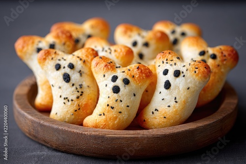 Spooky ghost-shaped halloween cookies with poppy seeds on wooden board
