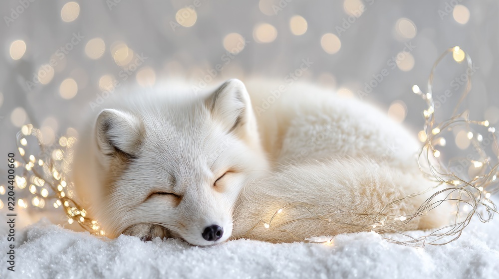 Obraz premium Serene arctic fox resting in snow with warm glowing bokeh lights in winter wonderland