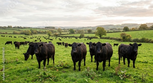 Herd of black Aberdeen Angus cattle grazing in a lush green pasture in the rolling hills of the British countryside during a cloudy day, focusing on livestock farming and sustainable agriculture.