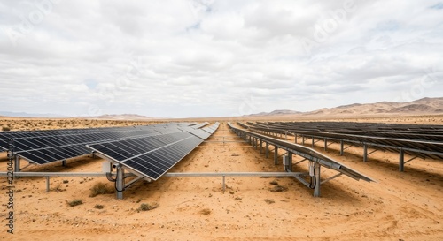 Large scale solar panel array field installed in a vast arid desert landscape under a cloudy sky, generating clean renewable energy and sustainable electric power for green infrastructure.
