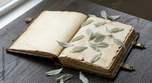 Vintage open book with aged yellowed parchment pages and scattered flower petals on a dark wooden background, nostalgic and romantic concept for literature, poetry, and storytelling.