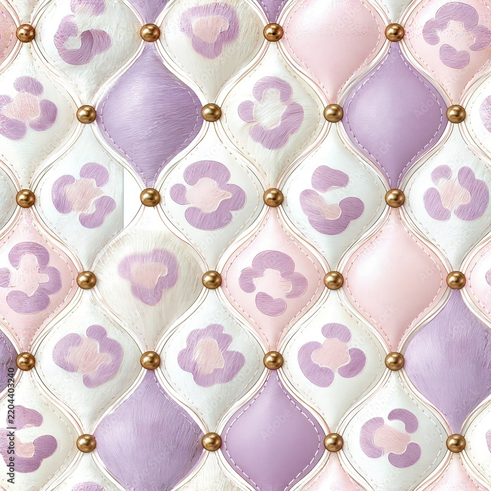 Fototapeta premium Seamless pattern of quilted ogee tiles in pastel lavender, pink and cream with golden studs. Leopard print and fur texture patches. Luxury upholstery design. Textile, wallpaper and fabric