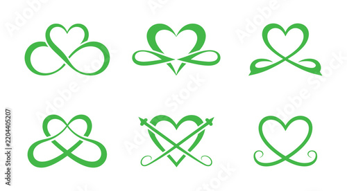 Infinite Love Symbols: A collection of elegant green heart and infinity knot designs.  symbol, infinity loop, elegant design, romantic motif, graphic element.