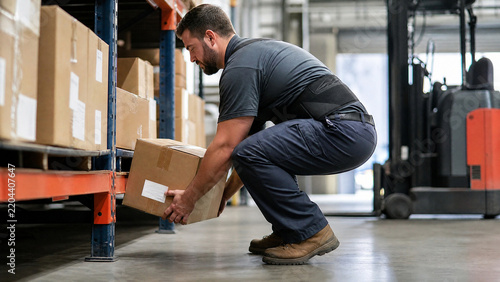Warehouse worker lifting cardboard box with proper form, male employee wearing back support belt for safety, industrial logistics and manual handling