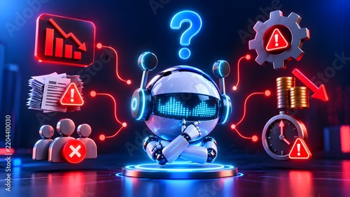 Futuristic robot thinking under neon question mark surrounded by red warning icons. Concept of automation bottleneck and system failure risk.