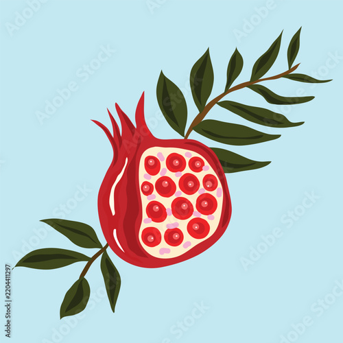 Autumn pomegranate and textured leaves hand drawn illustration