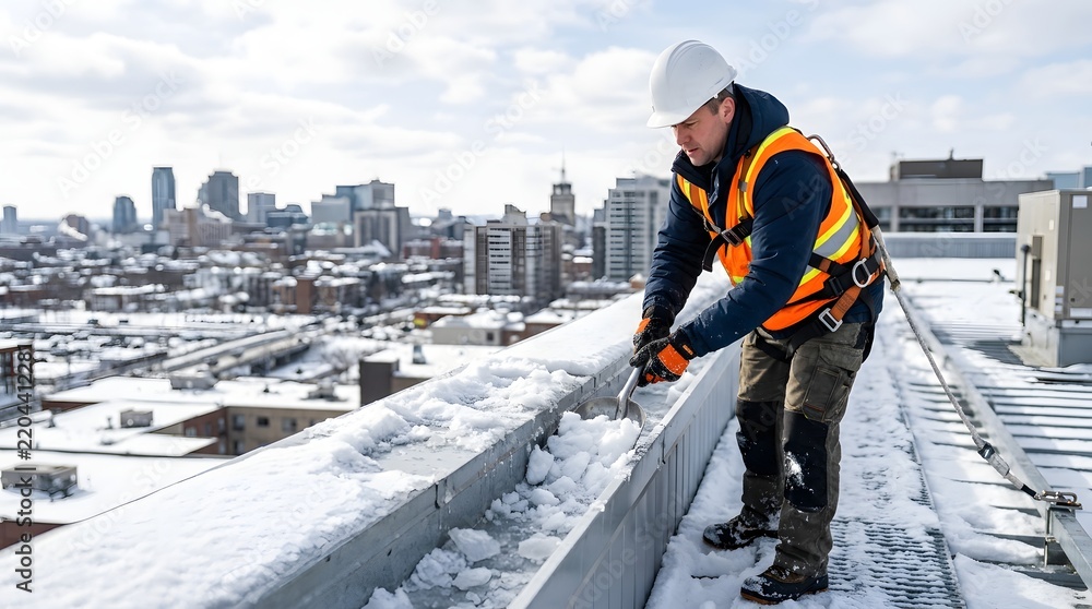 Obraz premium Professional Maintenance Worker Wearing Safety Harness and Helmet Clearing Heavy Snow from a High-Rise Building Rooftop Using a Shovel During Winter with City Skyline Background for Safety Service