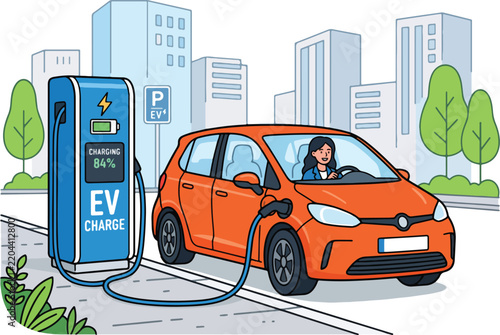Woman Charging Electric Car at Charging Station Illustration
