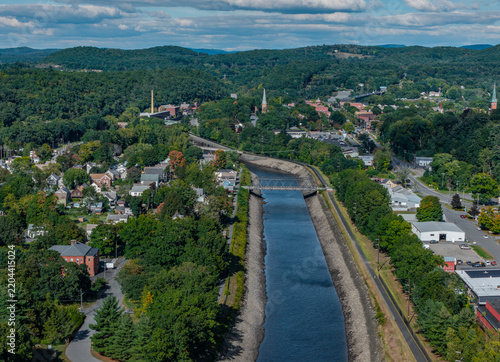 Aerial view of the Turner Falls Power Canal and downtown Turner Fall, Massachusetts in early autumn 