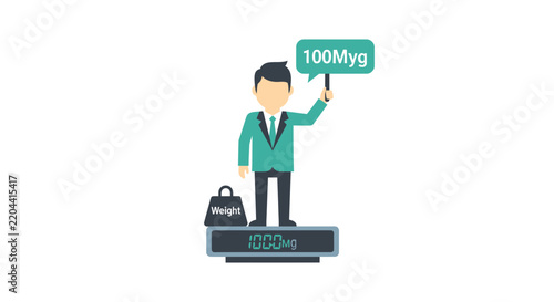 Business Measurement Concept Illustration Featuring a Man Standing on a Digital Scale with Weight and Metric Sign