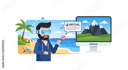 Virtual Reality and Metaverse Concept Illustration: Man with VR Headset on Tropical Beach with Monitor Displaying Mountain Landscape