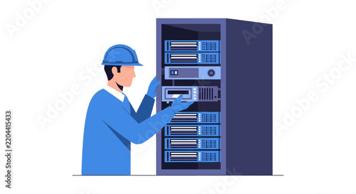 IT Technician in Hard Hat Installing Hardware into Server Rack in Data Center. Vector Illustration of Network Engineer Working on Cloud Computing Infrastructure.