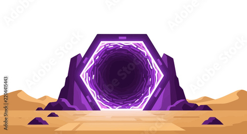 Futuristic Purple Hexagonal Portal in Desert Landscape, Glowing Sci-Fi Wormhole Gateway Illustration