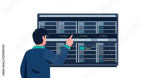 IT Specialist Managing Data Center Server Racks Vector Illustration. Flat Design System Administrator Monitoring Cloud Computing Database and Network Hardware.