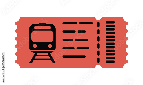Train Ticket. A simple, flat design illustration of a train ticket in red, featuring a stylized train icon and perforated edges, representing travel and transport.