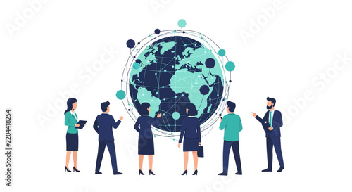 Global Business Networking Concept: Diverse Professional Team Around Connected World Map Globe for International Communication and Corporate Logistics