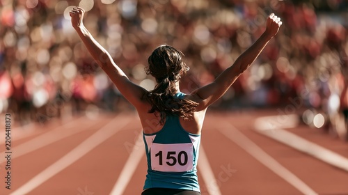 Female runner celebrates victory with raised arms on stadium track after finishing race Generative AI