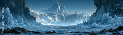 Frozen canyon with icy cliffs and cascading waterfall.