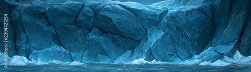Massive icy cliff looms over churning ocean waters.