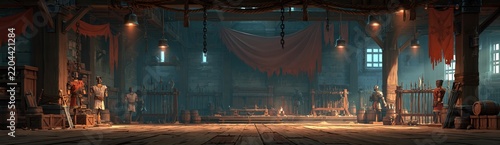 Dusty, dimly lit medieval tavern with hanging red banners.