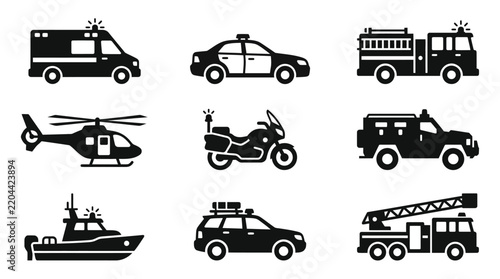Emergency service and public safety vehicle icons.