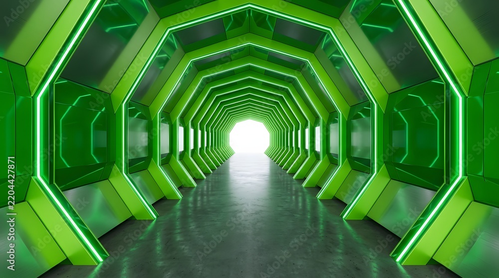 Obraz premium Futuristic green light tunnel with glowing geometric shapes and perspective view