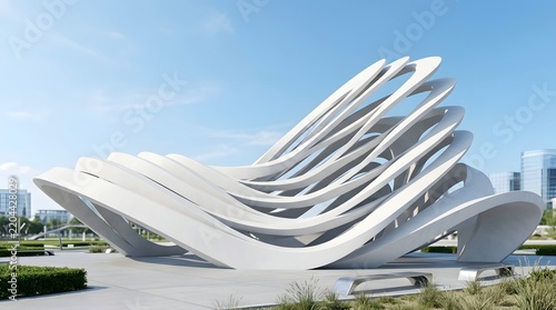 Modern white building with unique curved wave design and sharp architectural lines under a clear blue sky in an urban city park setting